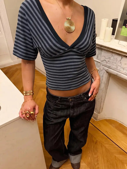 Women’s Striped Deep V-Neck Wrap Crop Top