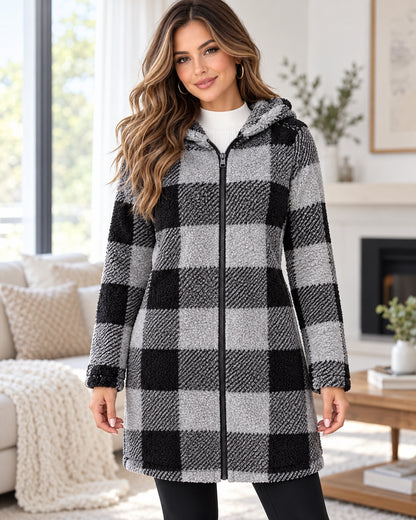 Women's Cozy Plaid Fleece Hooded Zip-Up Long Jacket