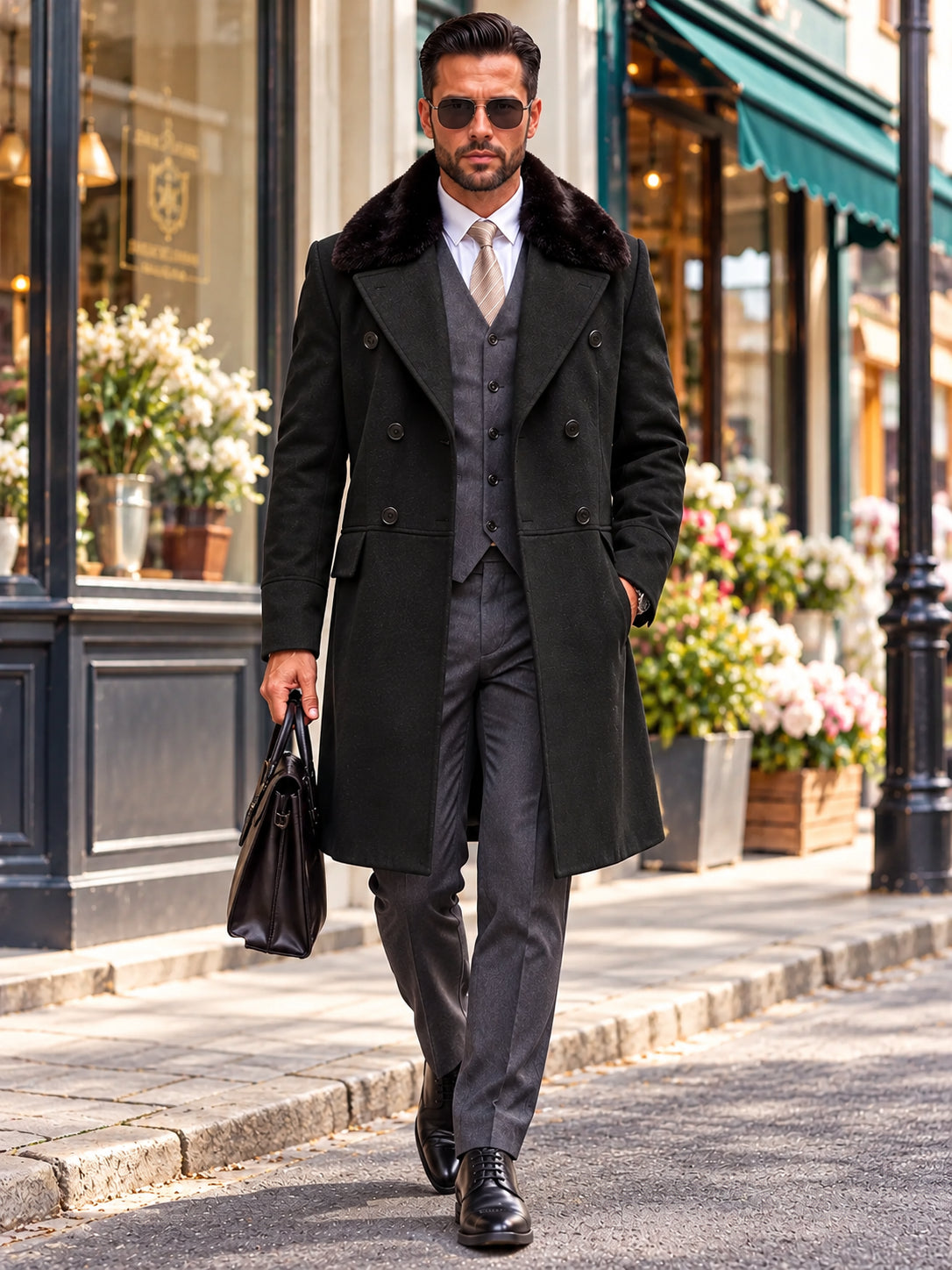 Men's Double-Breasted Faux Fur Collar Coat