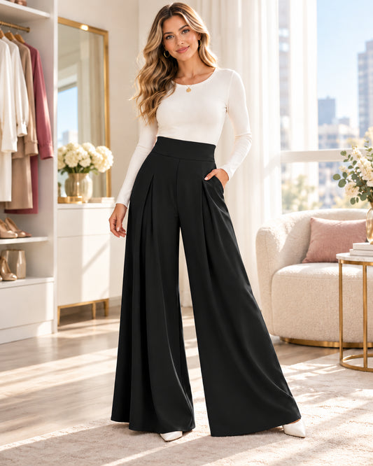Women's Elegant High-Waisted Pleated Wide-Leg Pants with Pockets
