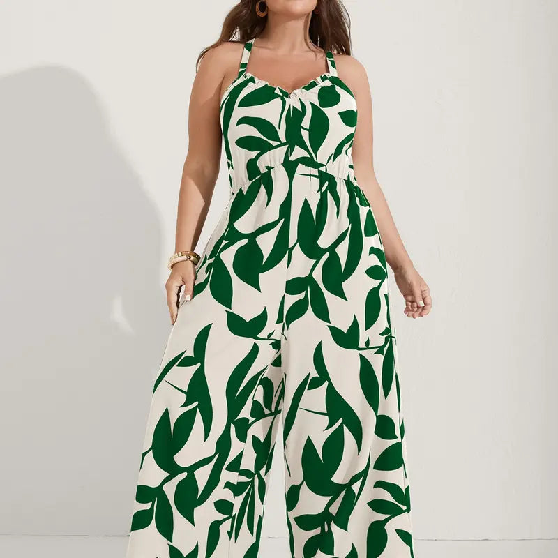 Plus Size Boho Wide-Leg Jumpsuit with Pockets
