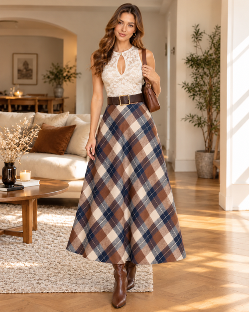Women's Vintage Wool-Blend Plaid A-Line Skirt