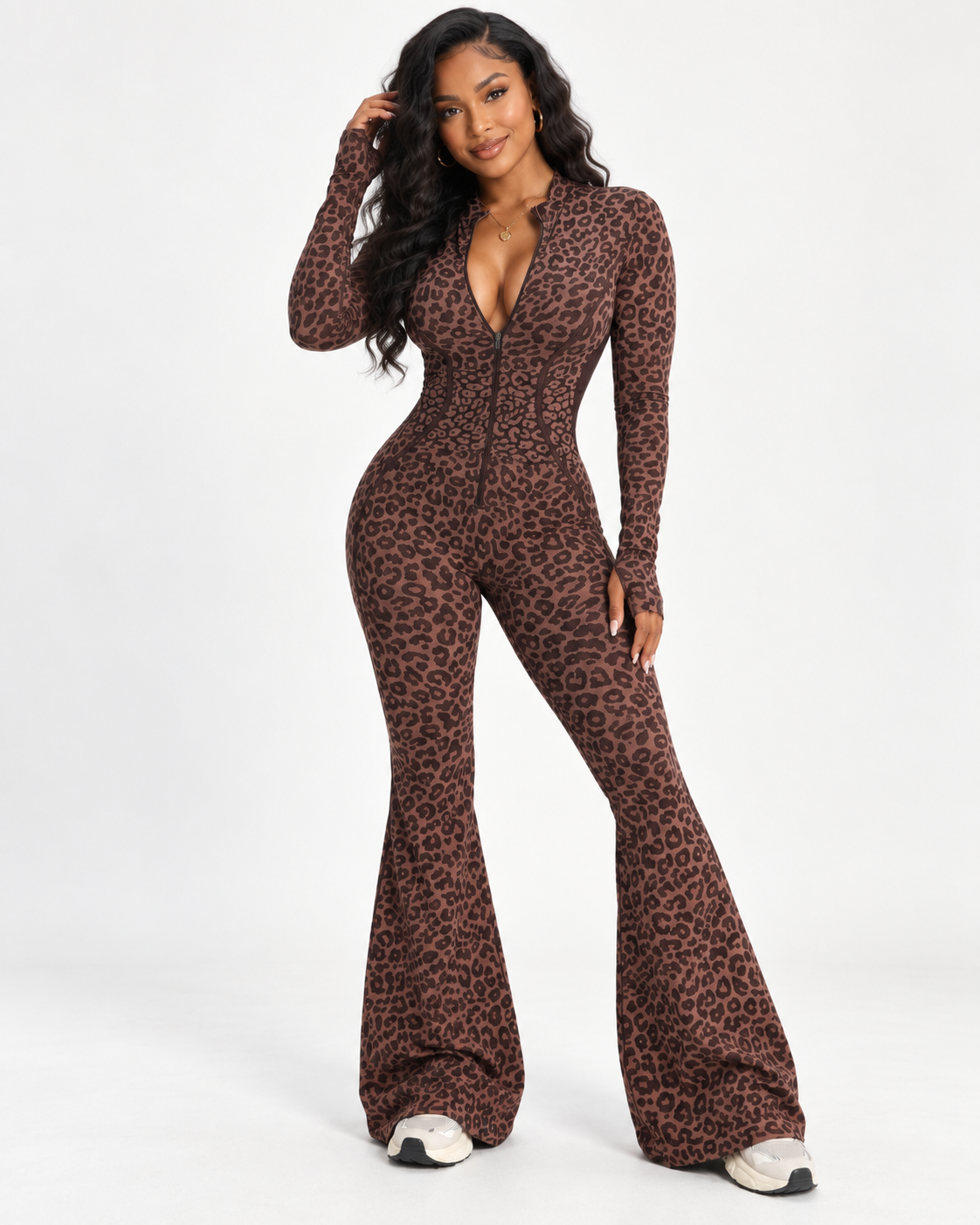 Sexy Leopard Zip Up V-Neck Flare Leg Jumpsuit