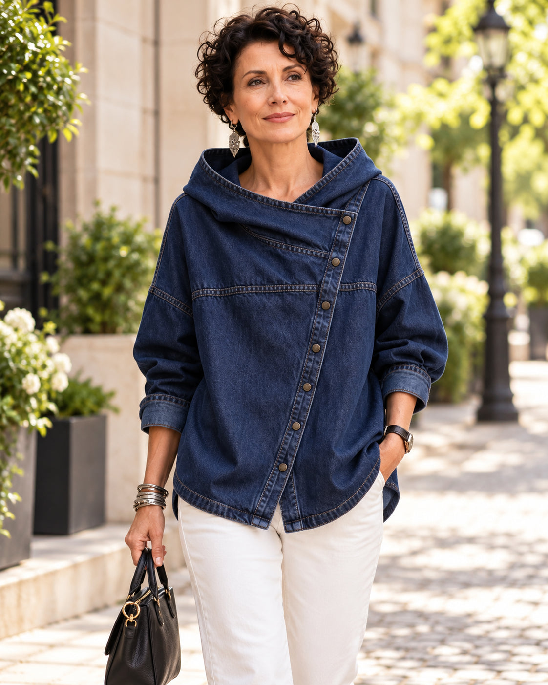 Women's Asymmetric Button-Front Hooded Denim Jacket