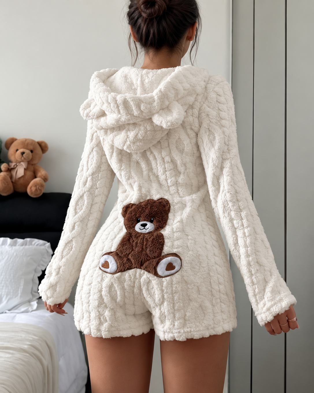 Women's Plush Teddy Bear Hooded Onesie Pajamas