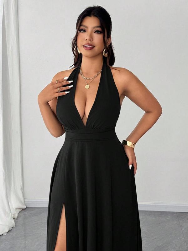 Plus Size Halter Deep V Maxi Dress