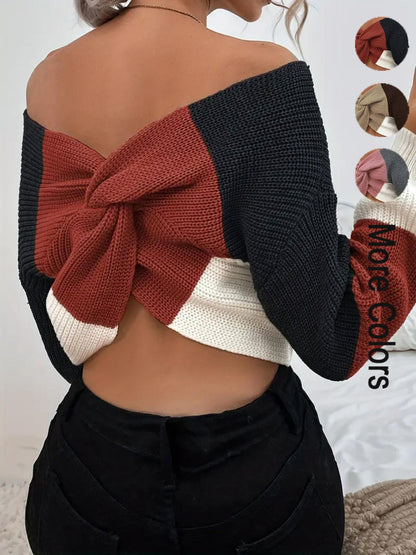 Women's Color Block Off-Shoulder Bow Back Knit Sweater