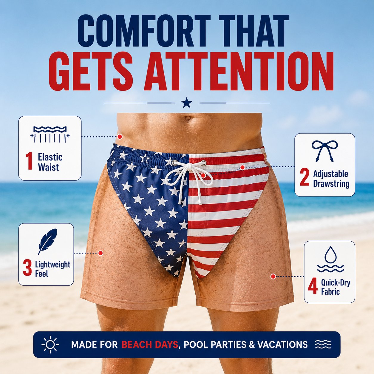 🏖️🇺🇸 Funny Patriotic Men’s Swim Trunks – Freedom & Chill Summer Beach Shorts