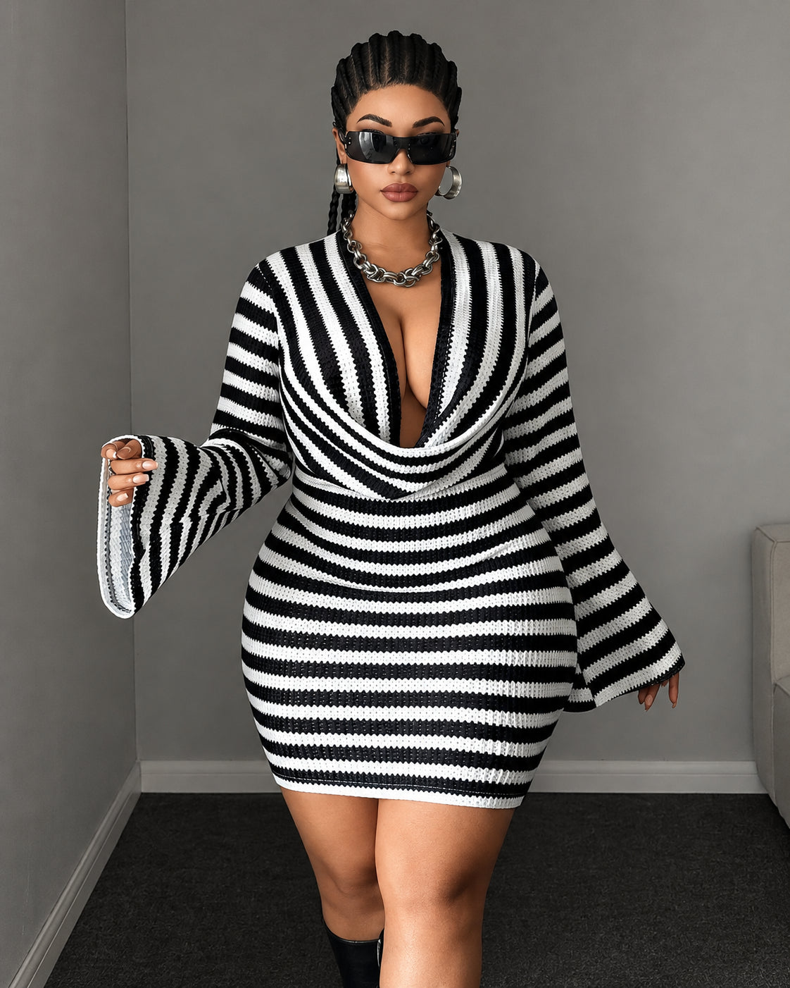 Women's Striped Cowl Neck Bell Sleeve Dress