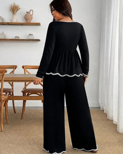 Plus-Size Elegant Ruffle Two-Piece Set with Wide-Leg Pants