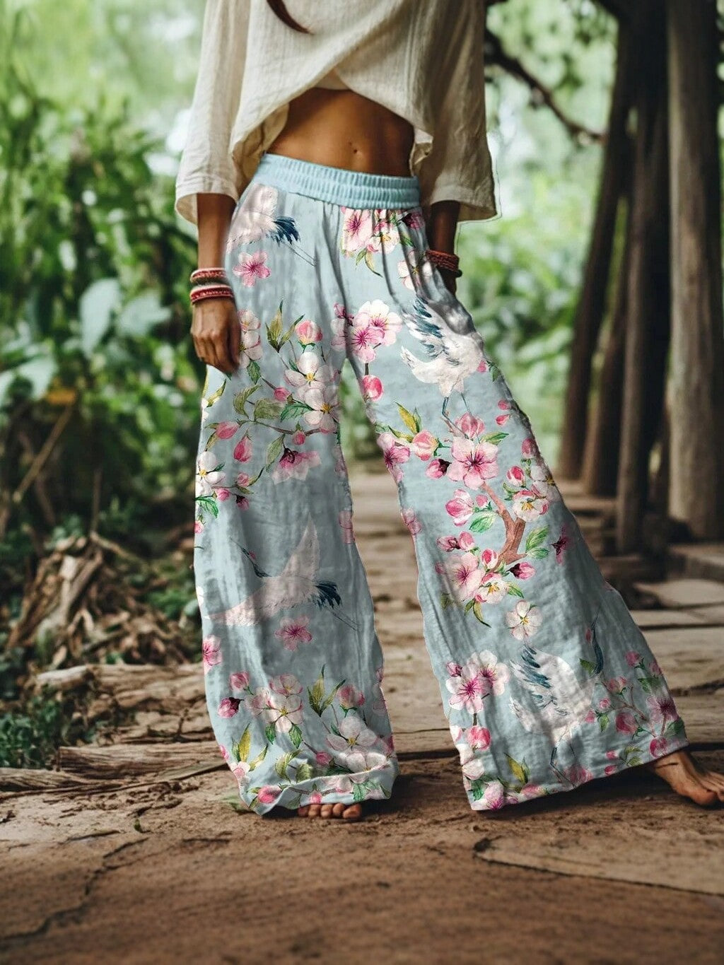 🌸Women Boho Floral Bird Print Wide Leg Long Pants With Pockets