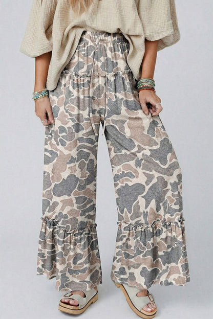 Multicolour Camo Print Wide Leg Casual Pants