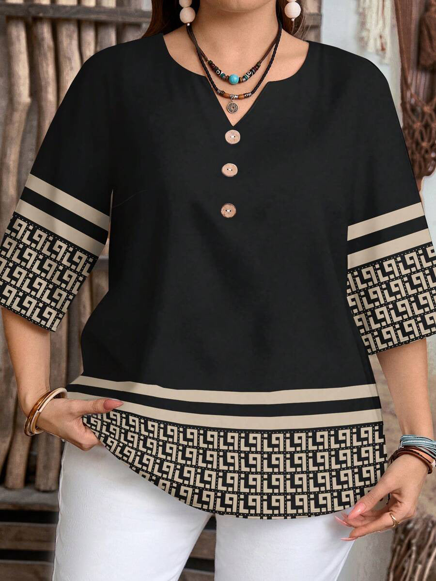 Women's Plus Size Vintage Print V-Neck Blouse with Casual Loose 3/4 Sleeve