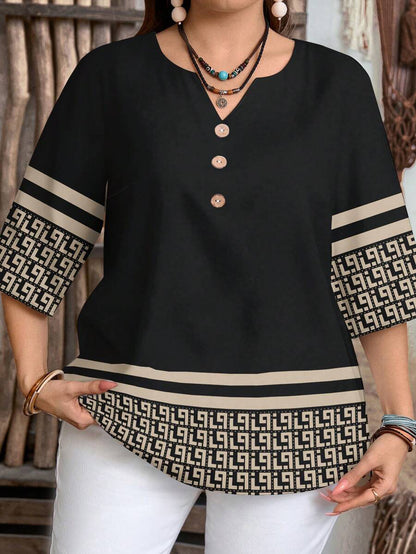 Women's Plus Size Vintage Print V-Neck Blouse with Casual Loose 3/4 Sleeve