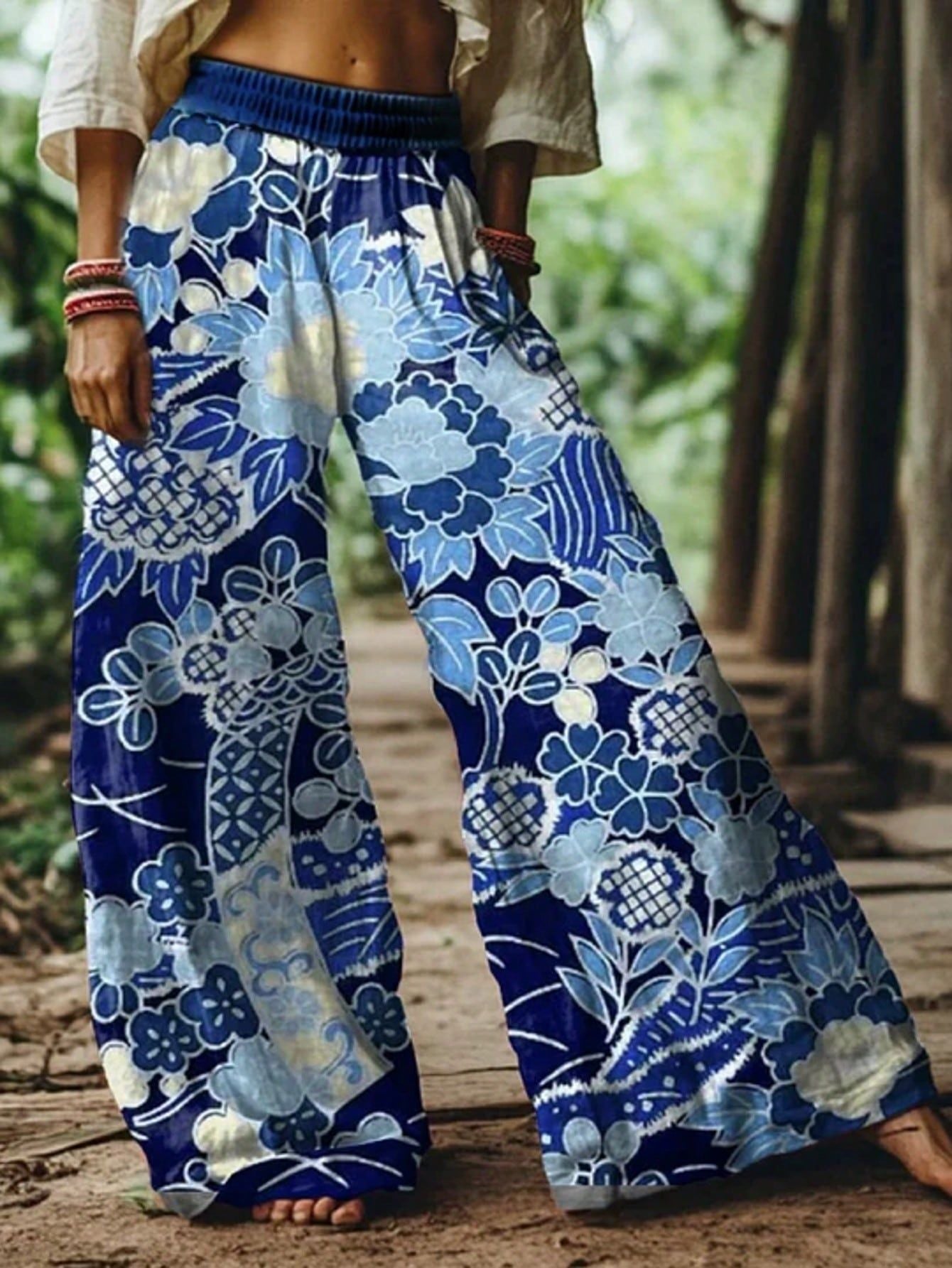 🌸Women Boho Floral Bird Print Wide Leg Long Pants With Pockets