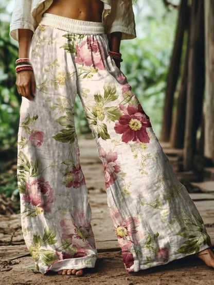 🌸Women Boho Floral Bird Print Wide Leg Long Pants With Pockets
