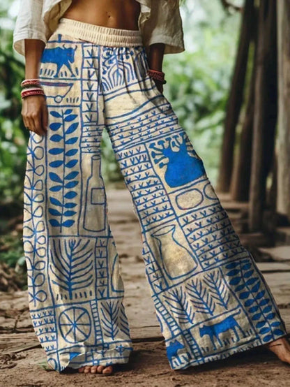 🌸Women Boho Floral Bird Print Wide Leg Long Pants With Pockets