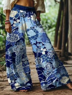 🌸Women Boho Floral Bird Print Wide Leg Long Pants With Pockets