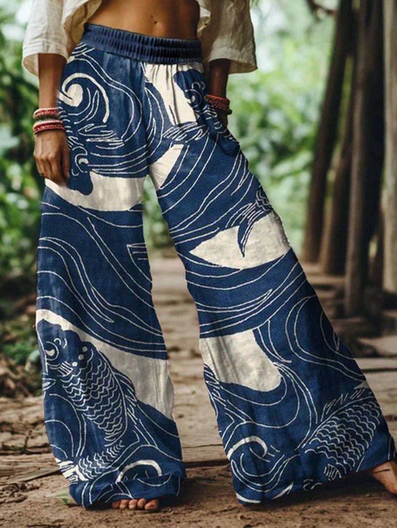 🌸Women Boho Floral Bird Print Wide Leg Long Pants With Pockets