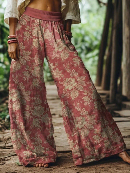 🌸Women Boho Floral Bird Print Wide Leg Long Pants With Pockets