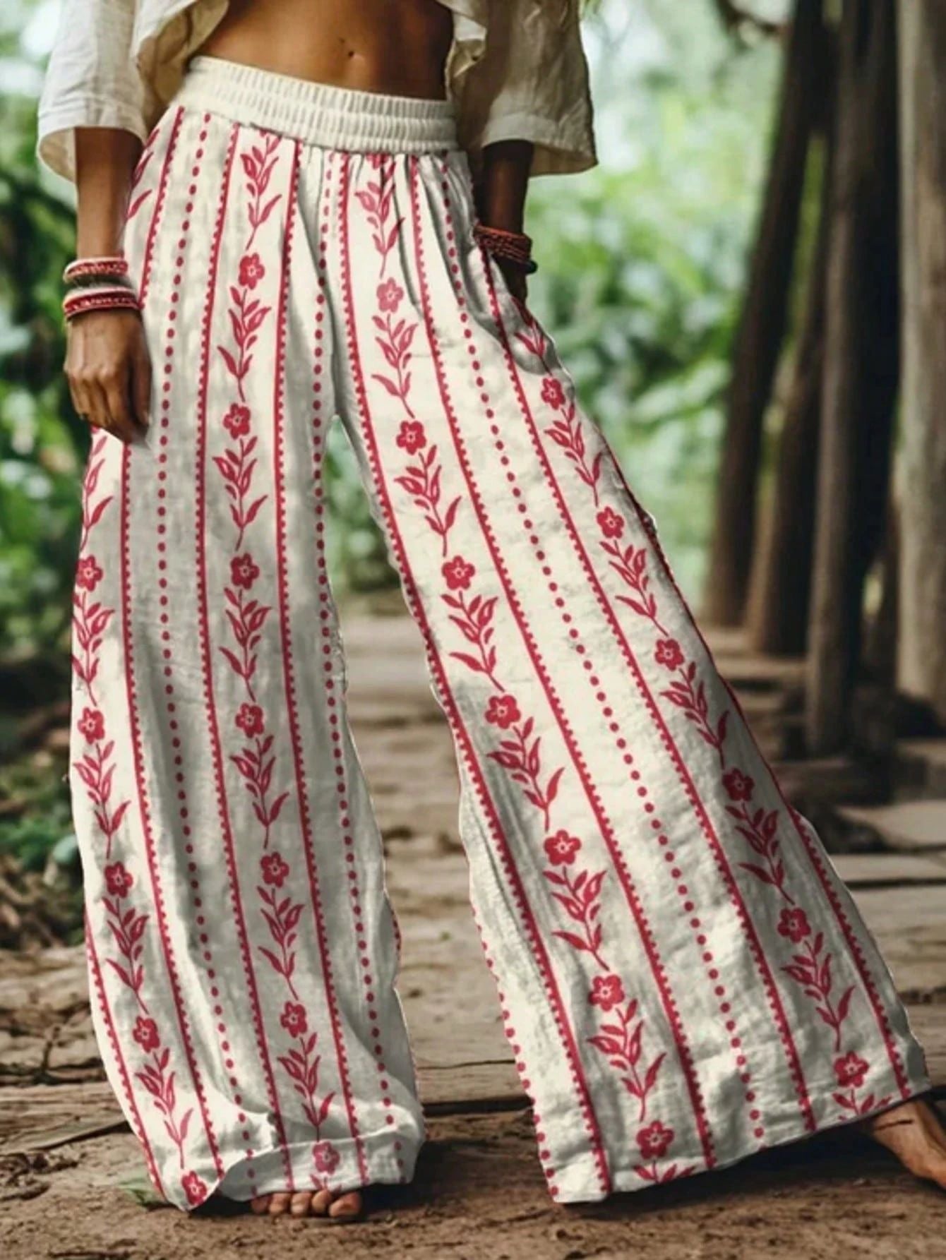 🌸Women Boho Floral Bird Print Wide Leg Long Pants With Pockets
