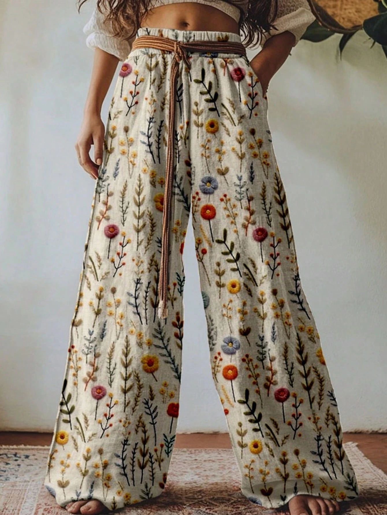 🌸Women Boho Floral Bird Print Wide Leg Long Pants With Pockets