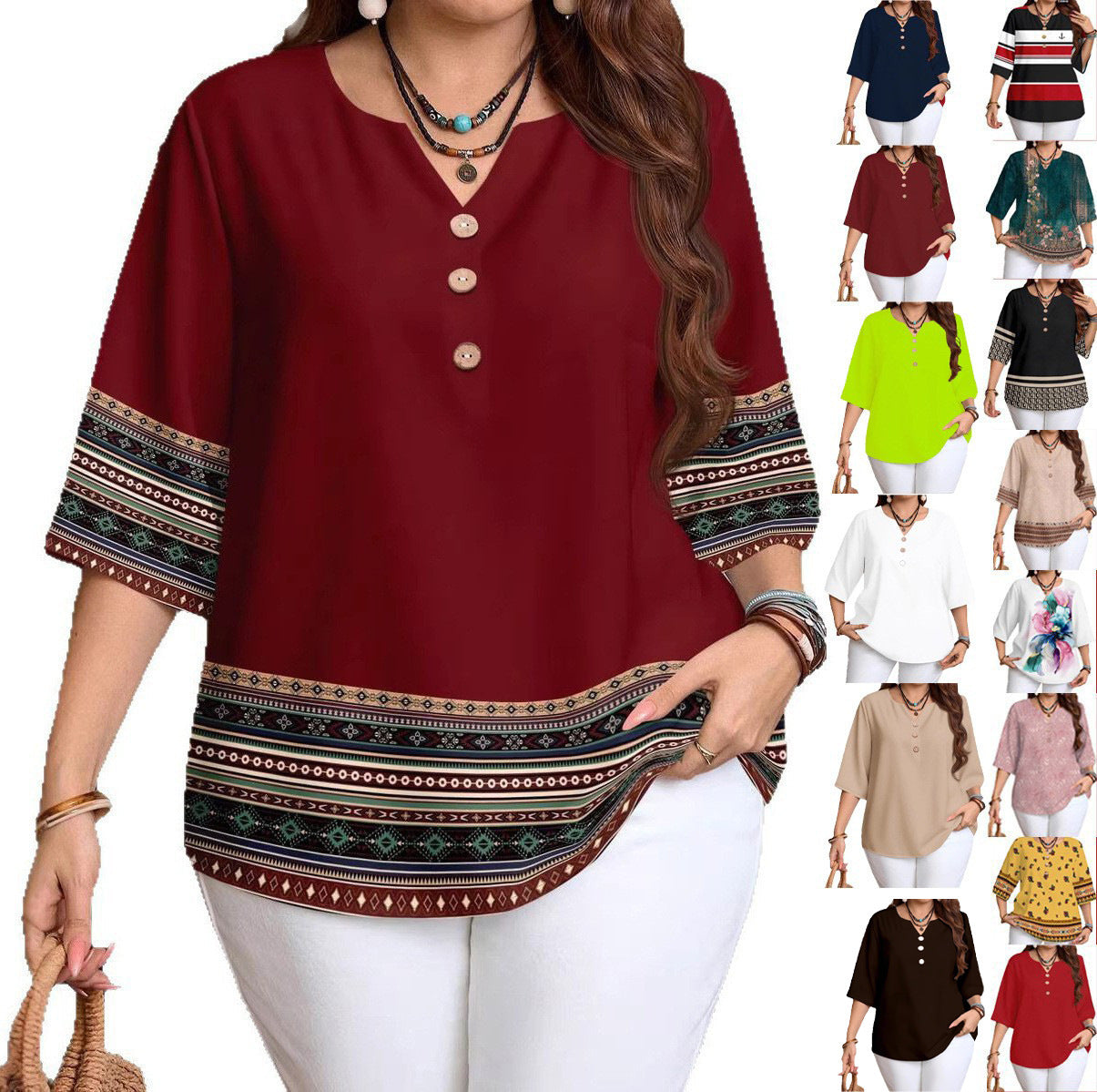 Women's Plus Size Vintage Print V-Neck Blouse with Casual Loose 3/4 Sleeve