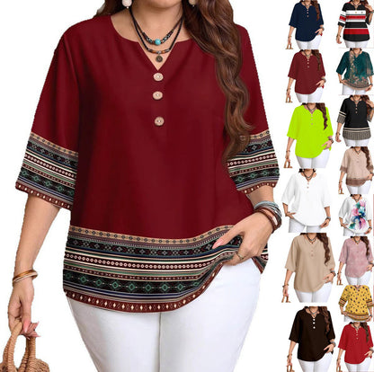 Women's Plus Size Vintage Print V-Neck Blouse with Casual Loose 3/4 Sleeve