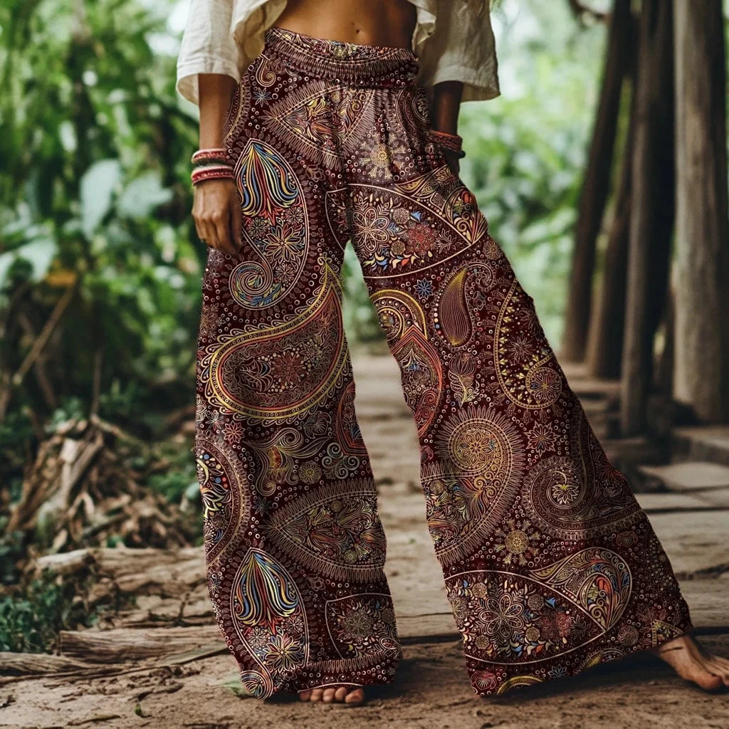 🌸Women Boho Floral Bird Print Wide Leg Long Pants With Pockets