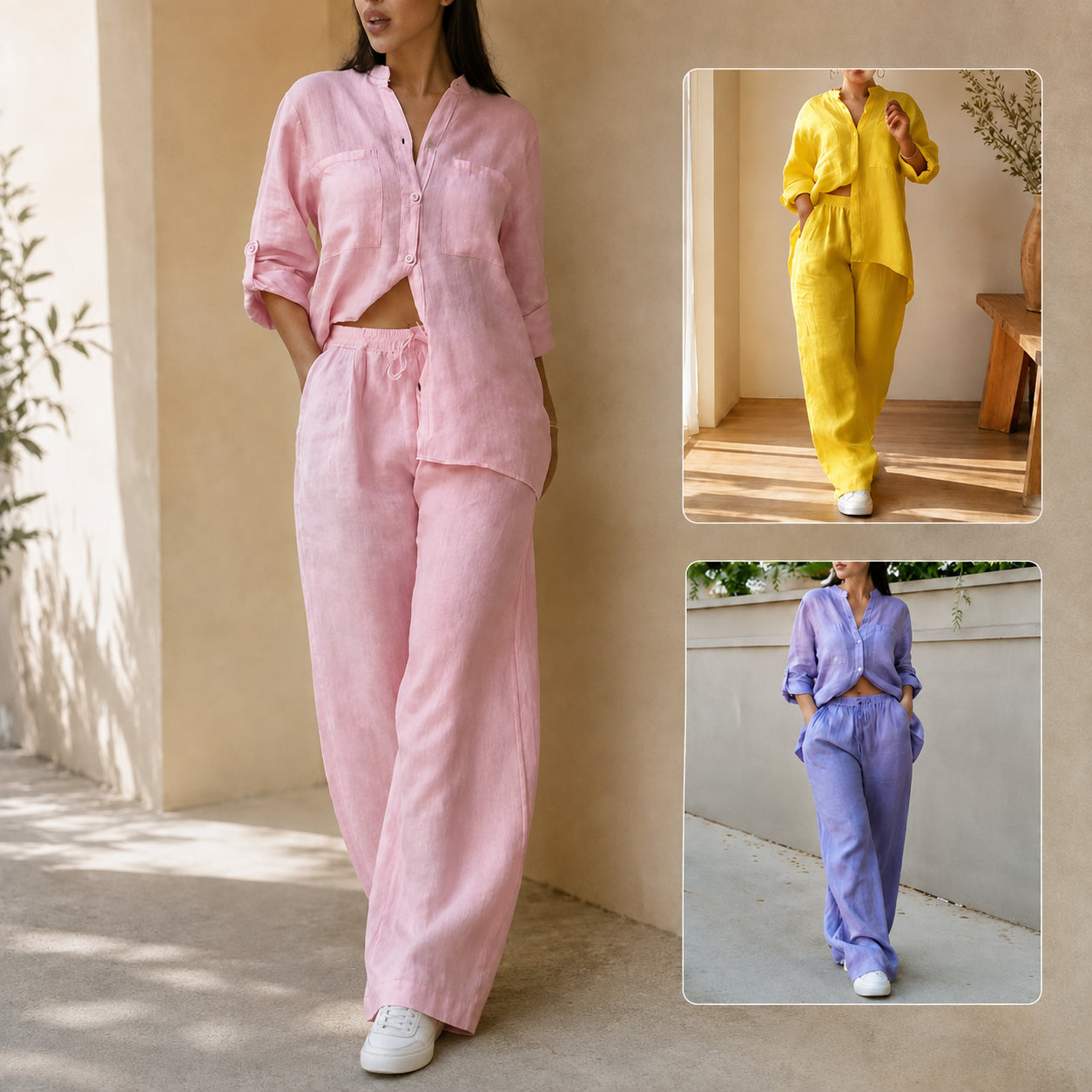 Women's Cotton Button-Up Shirt & Wide-Leg Pants Set