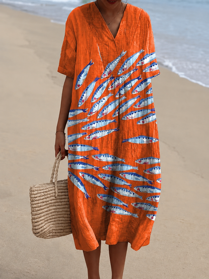 🐟 V-Neck Sardine Print Beach Dress