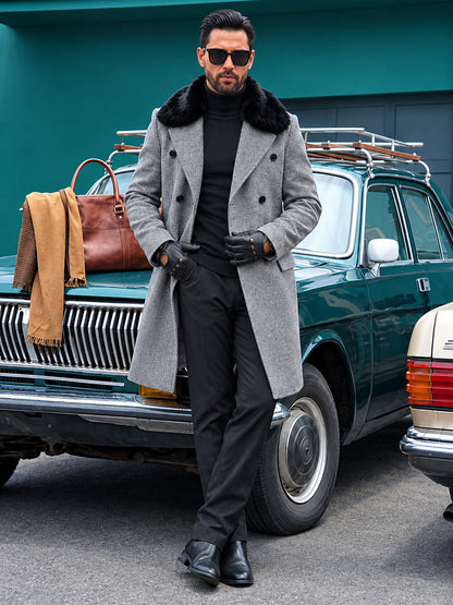 Men's Double-Breasted Faux Fur Collar Coat