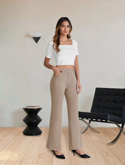 Women’s High-Waisted Stretch  Flare Work Pants with Pockets