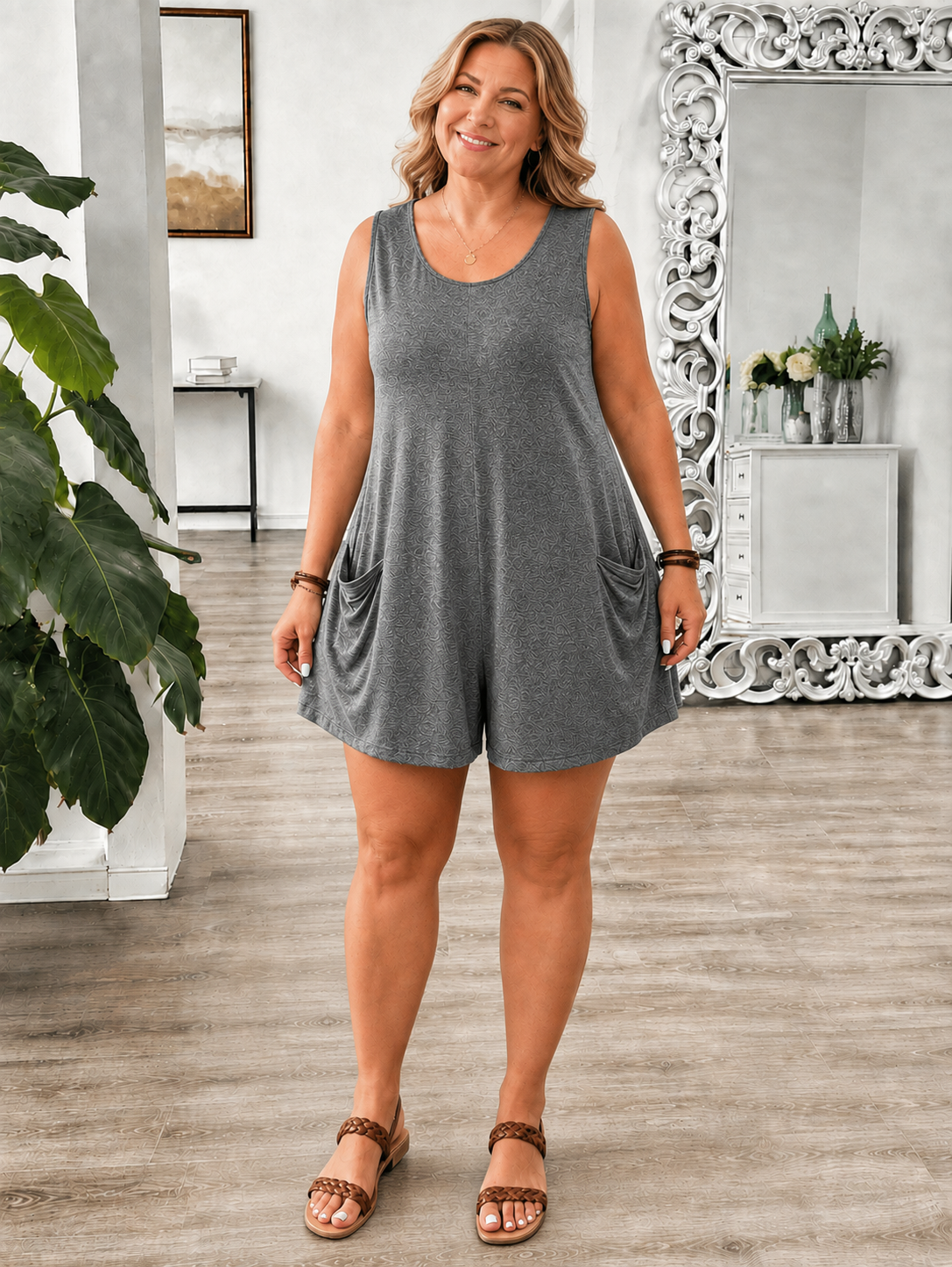 Plus Size Loose Sleeveless Romper with Pockets