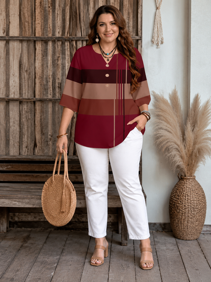 ✨ Plus Size Geometric Color-Block Buttoned V-Neck Blouse