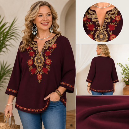 Elegant Plus Size Floral Print V-Neck Tunic Top