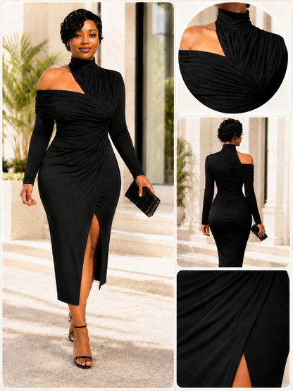 Elegant Asymmetric Off-Shoulder Ruched Midi Dress