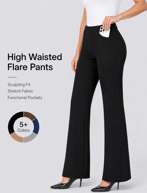 Women’s High-Waisted Stretch  Flare Work Pants with Pockets