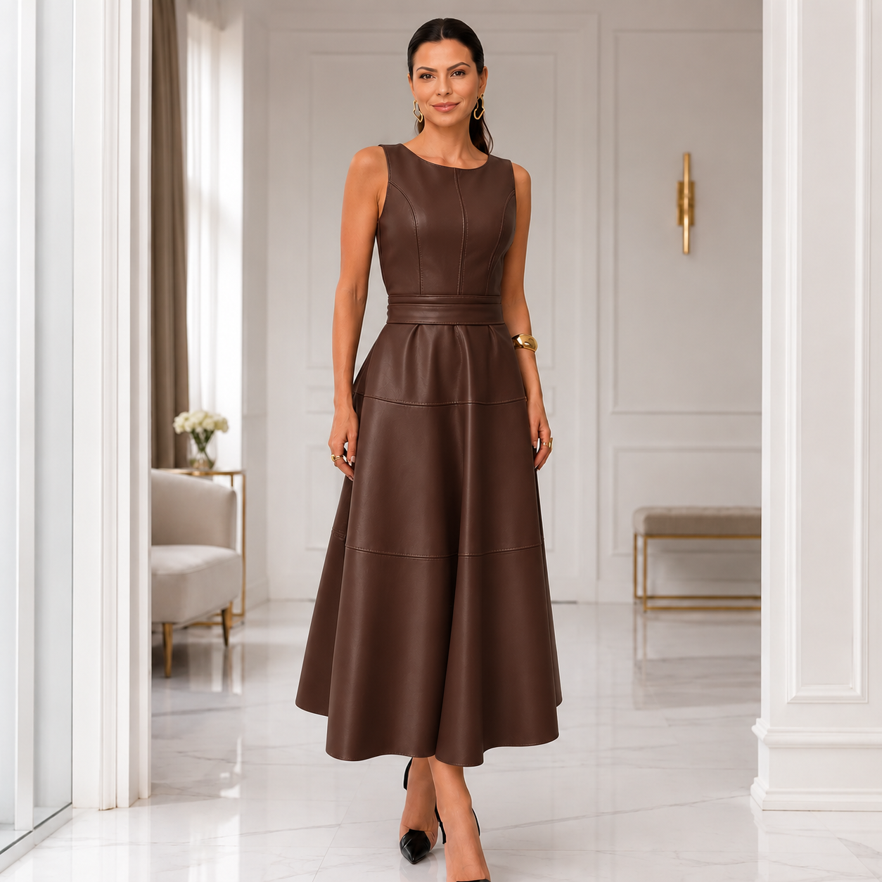 Elegant Leather A-Line Midi Dress