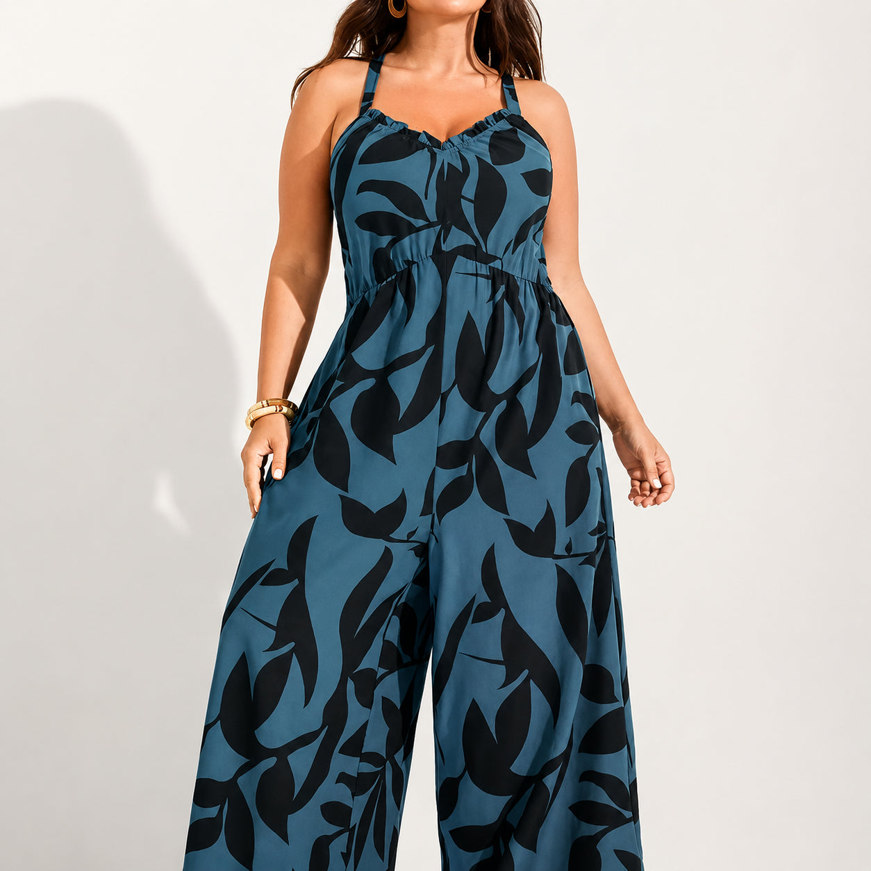 Plus Size Boho Wide-Leg Jumpsuit with Pockets