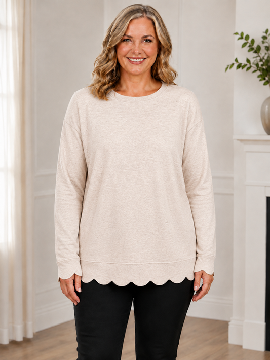 Women's Color Cotton Cashmere Pullover with Scalloped Trim