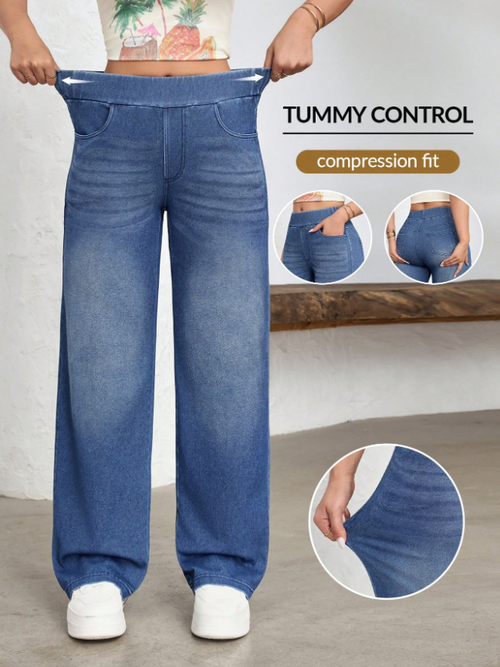 Plus Size High-Waist Tummy Control Stretch Wide-Leg Jeans