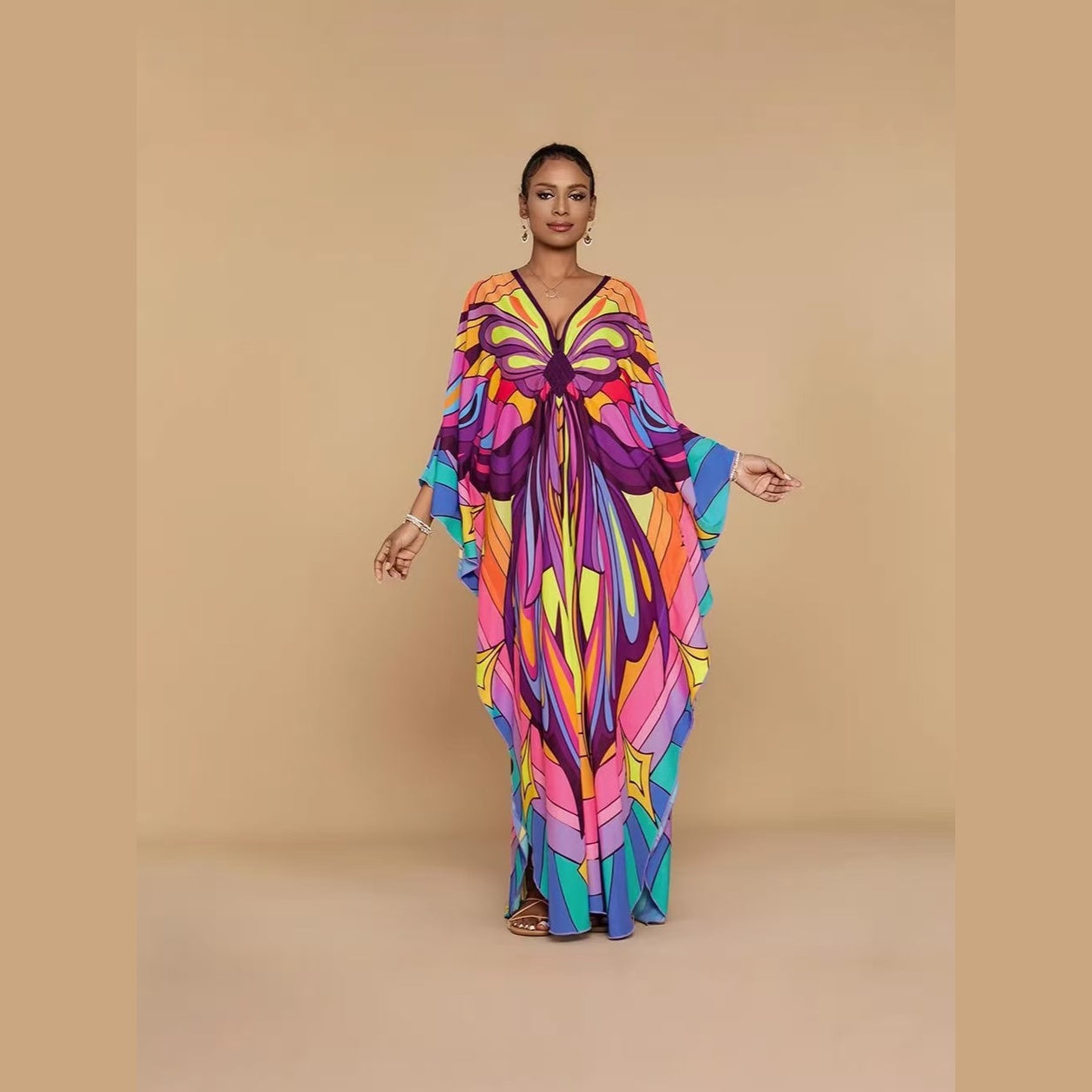 Boho Paisley Print V-Neck Kaftan Dress