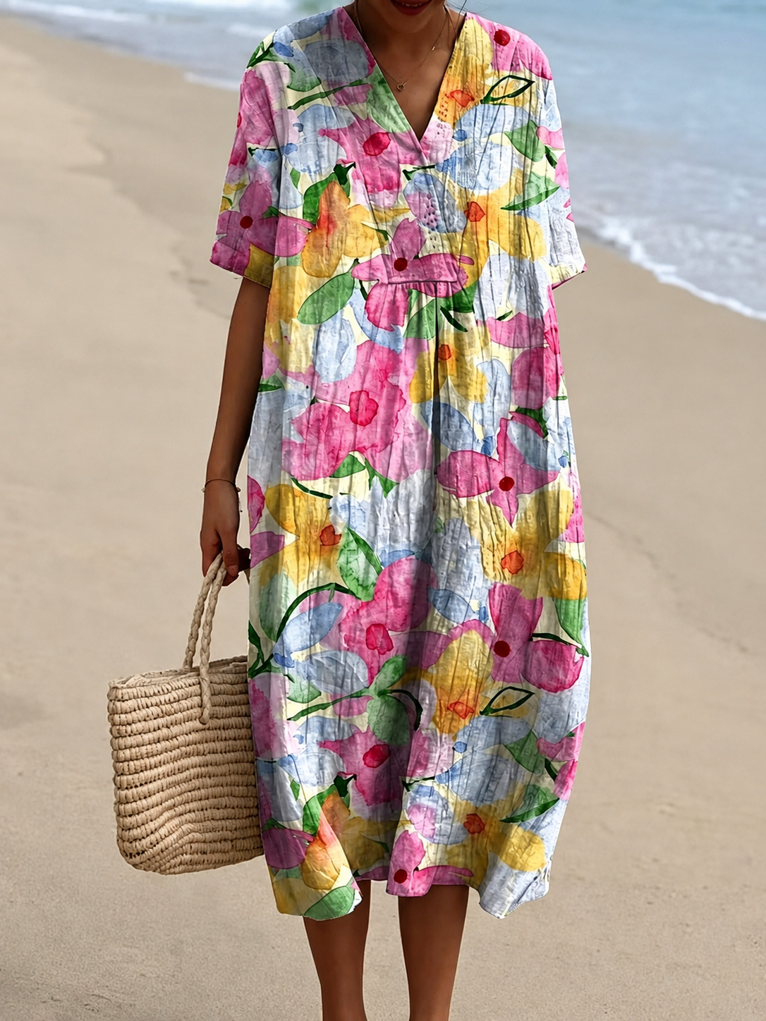 🐟 V-Neck Sardine Print Beach Dress