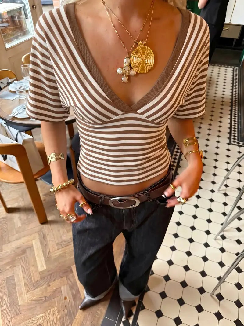 Women’s Striped Deep V-Neck Wrap Crop Top