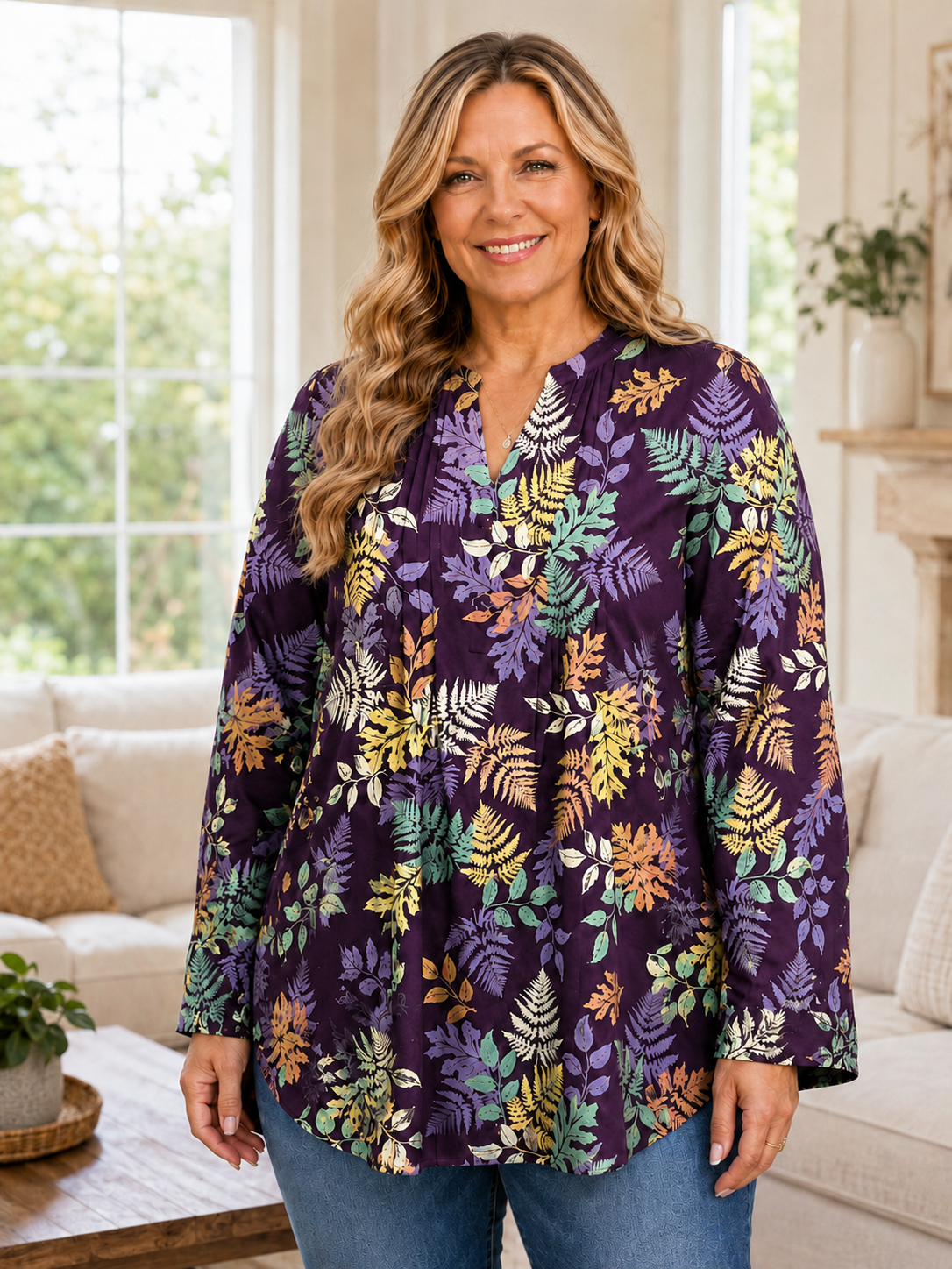 Women's Plus Size Leaf Print V-Neck Long Sleeve Tunic Blouse