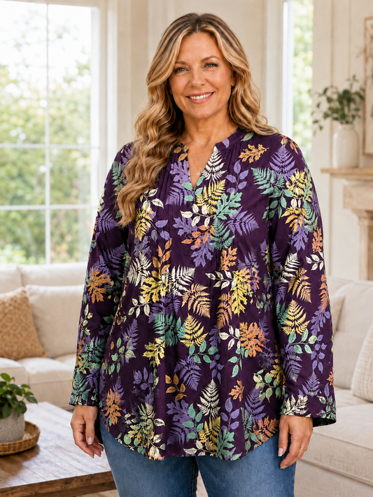 Women's Plus Size Leaf Print V-Neck Long Sleeve Tunic Blouse