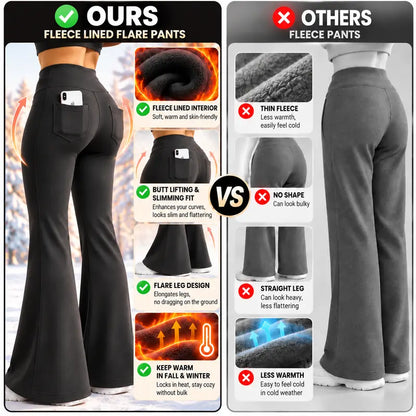 Women's Fleece-Lined High-Waisted Flare Leggings with Pockets