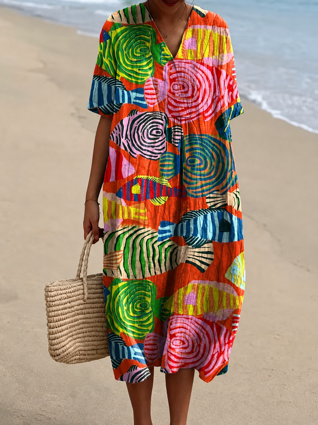 🐟 V-Neck Sardine Print Beach Dress