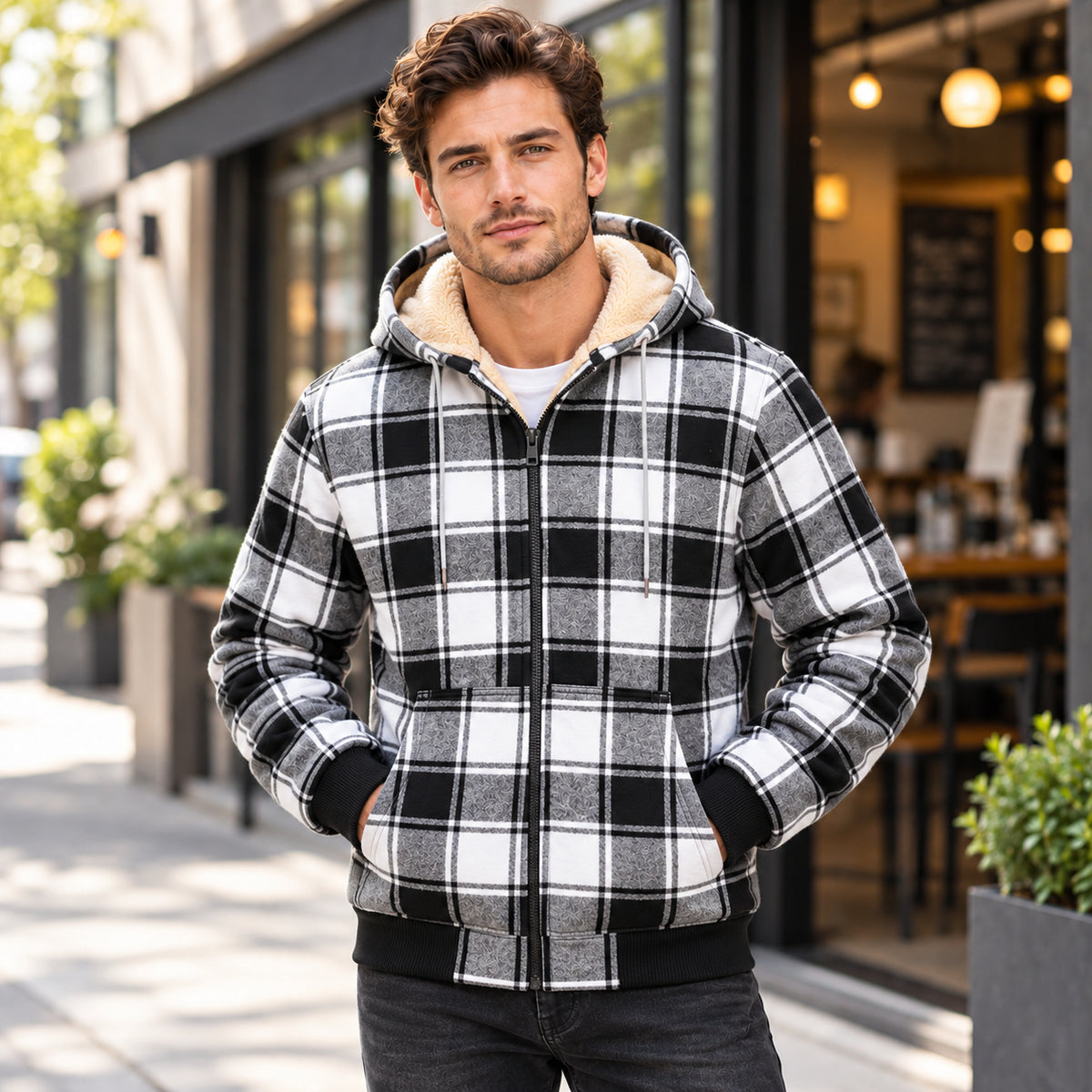 Men’s Plaid Fleece-Lined Zip-Up Hoodie Jacket